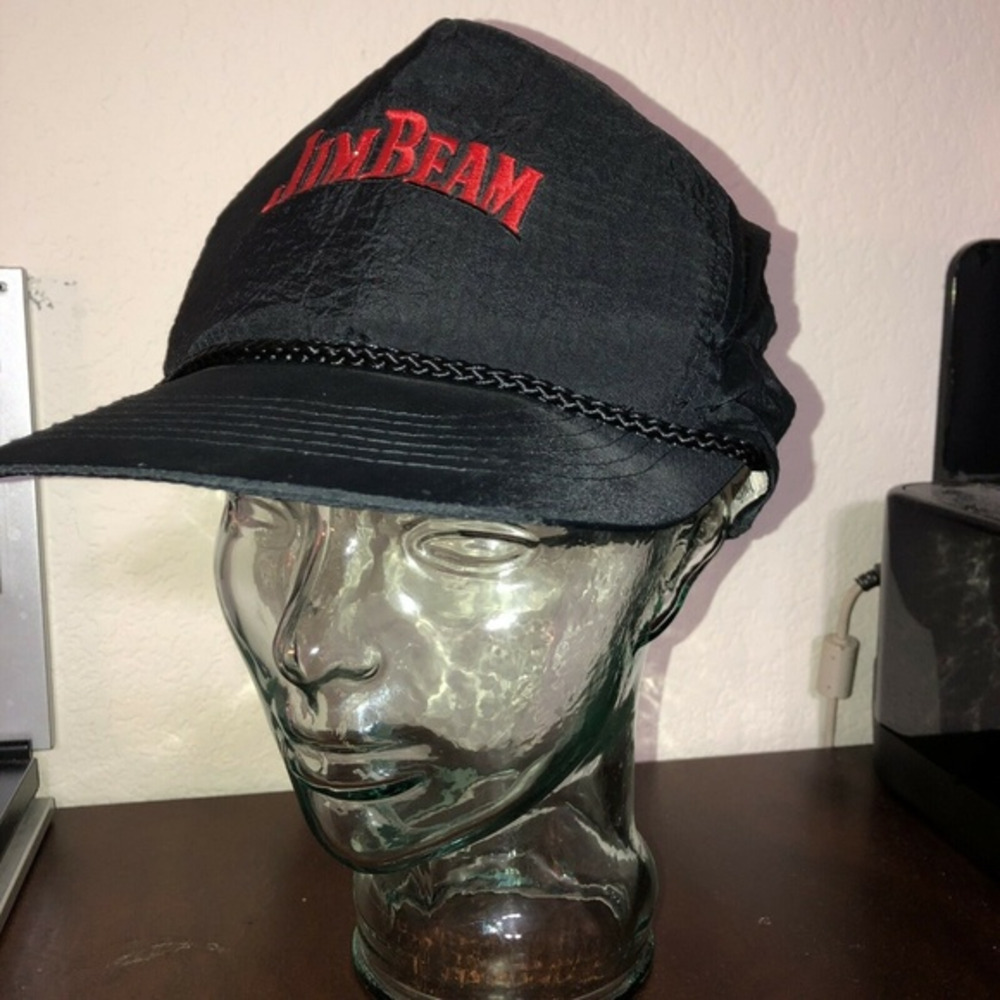 Vtg 1980s JIM‎ BEAM Black Snap Back Hat Cap